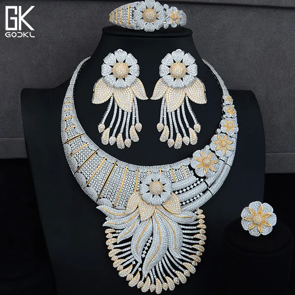 Godki роскошный кисточки цветок кубический циркон Кристалл CZ нигерийские комплекты украшений для женщин Свадебные серебряные индийские бусины ювелирный набор - Окраска металла: Bicolor