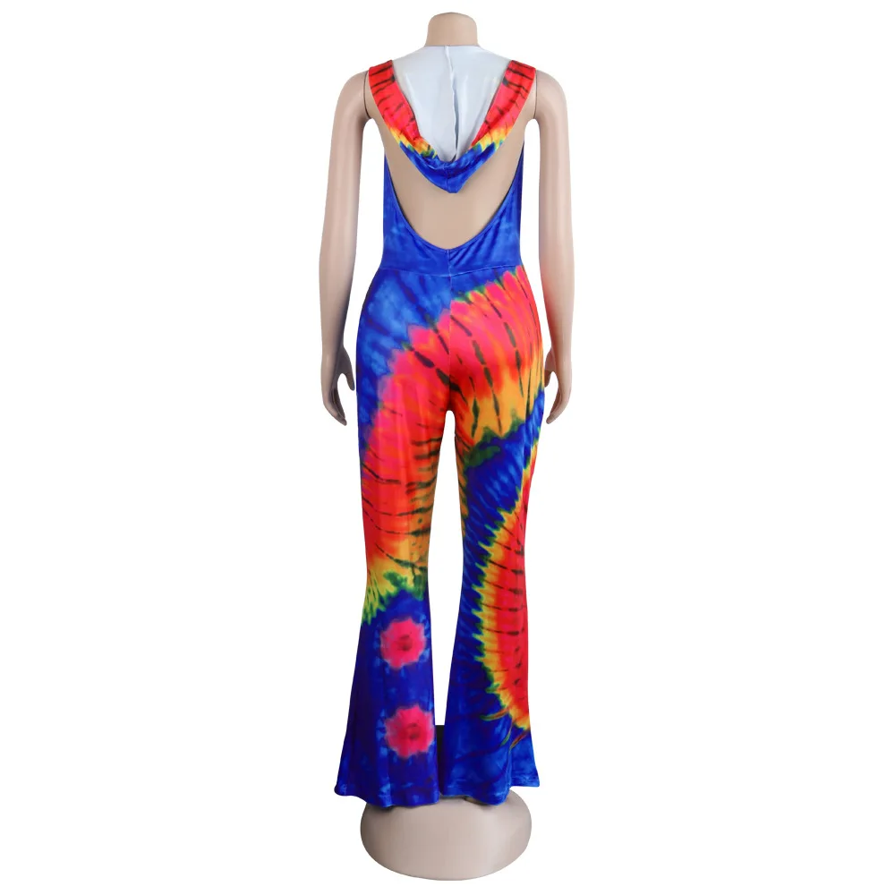 Цветной комбинезон Tie Dye, женский комбинезон с открытыми плечами, с вырезом сзади, Облегающий комбинезон, повседневный комбинезон с капюшоном, без рукавов, боди до середины икры
