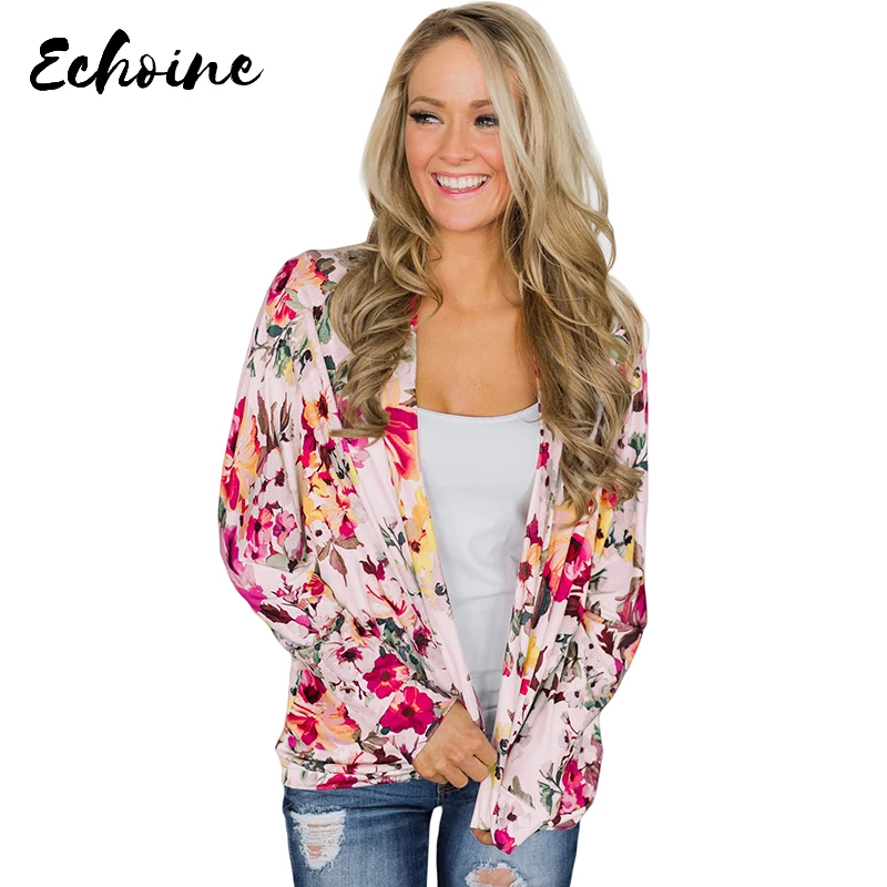 

Echoine Women White/Black Floral Print Long Sleeve Cardigan Jacket Autumn Spring Knitted Cardigan Plus Size 2XL Casual Tops