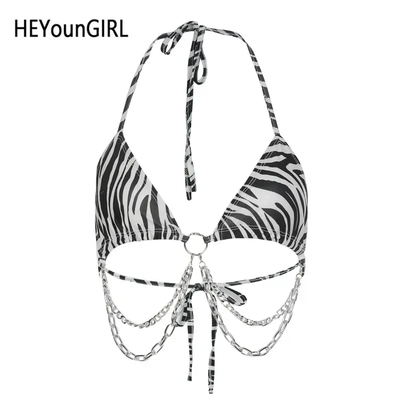 HEYounGIRL рисунок с животным зеброй Sexxy короткий топ, бюстгальтер без косточек Для женщин с лямкой на шее, без рукавов, майка без рукавов с круглым вырезом с цепями топы с открытой спиной летние футболки - Цвет: Черный