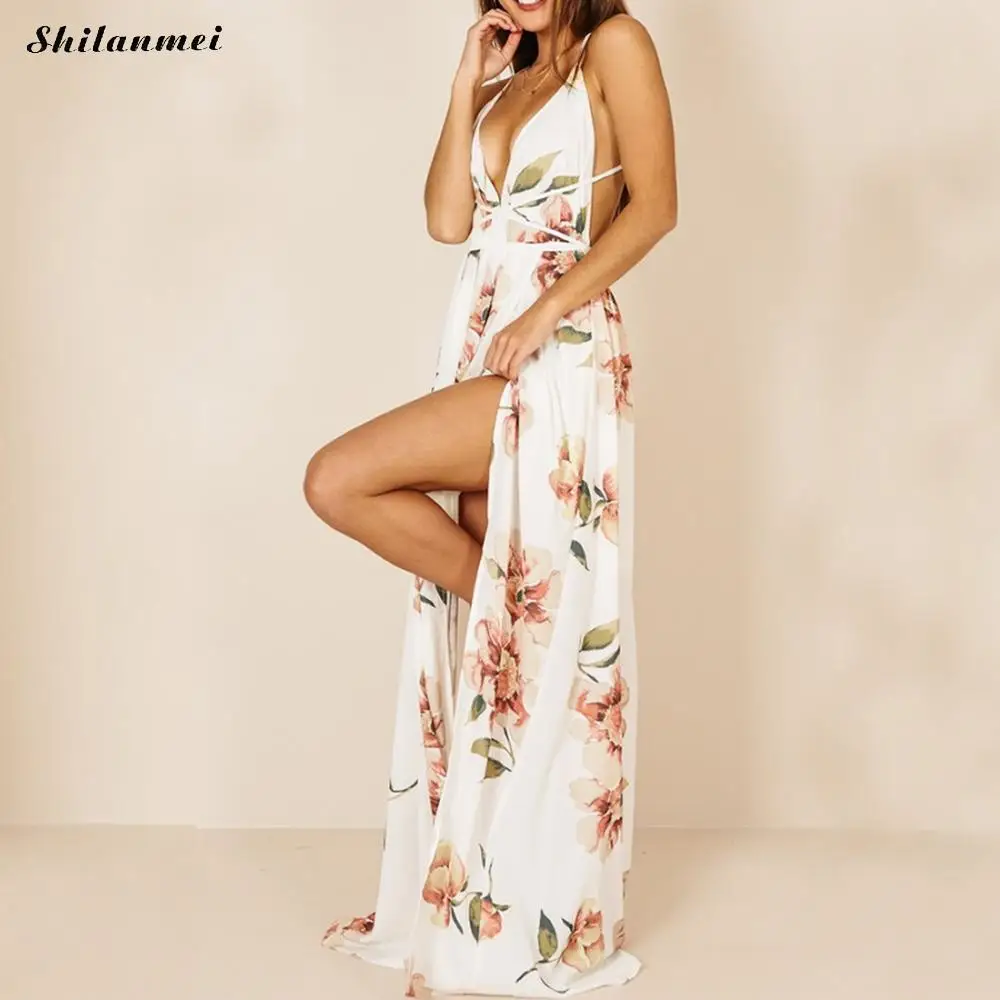 Женское шифоновое длинное платье с цветочным принтом Boho на тонких бретельках