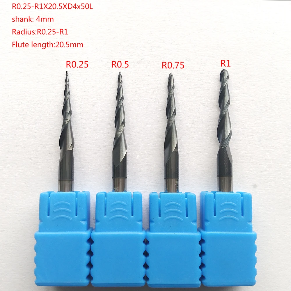 

4pcs/lot R0.25/R0.5/R0.75/R1xD4x50 shank 4mm solid carbide tapered endmills CNC engraving milling cutters