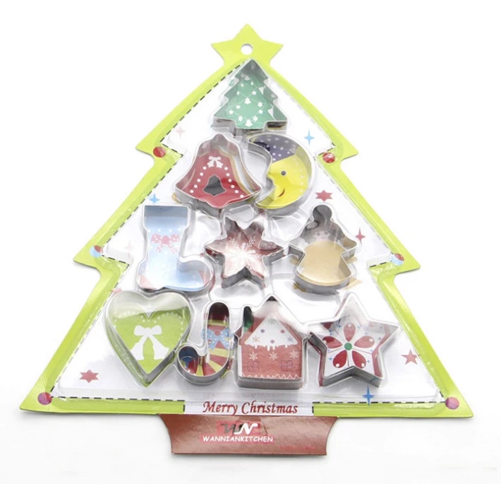 10pcs/set stainless steel christmas tree star heart sock snowflake shape biscuit cookies cutter cake tool|cake tools|snowflake shapesbiscuit cookie |