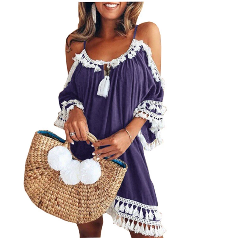 Сексуальное платье с открытыми плечами и кисточками для женщин большие размеры