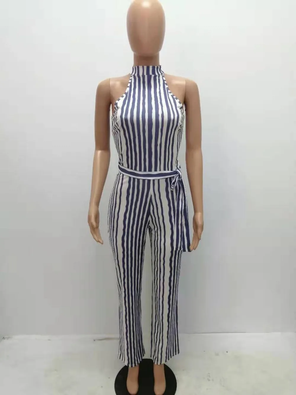

Women's fashion digital striped round neck piece trousers