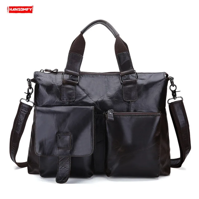 

Мужской портфель из натуральной кожи, черная вместительная сумка для ноутбука, деловой портфель через плечо, 2021