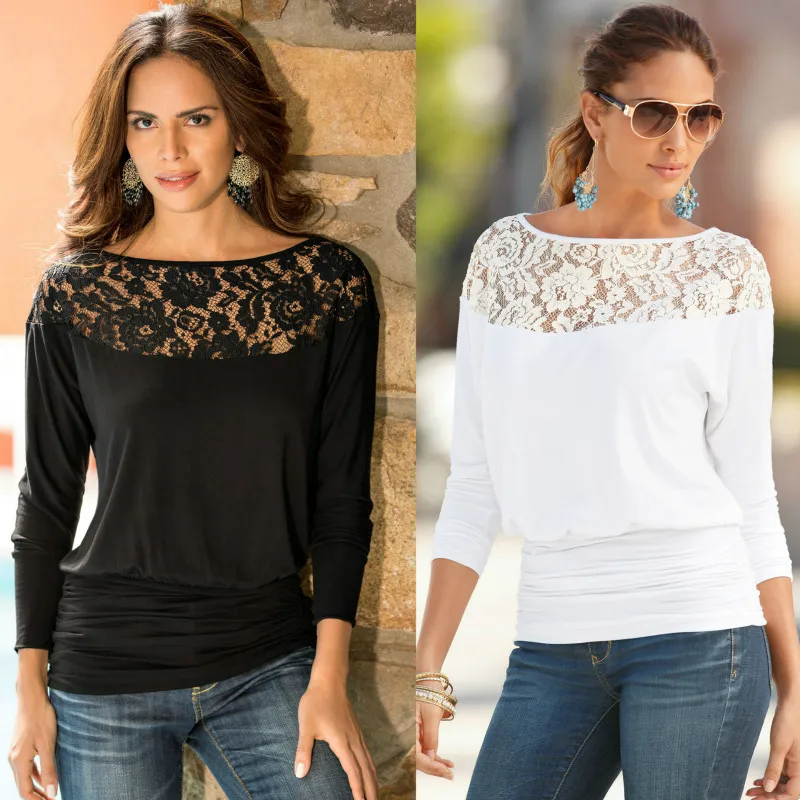 2018 Sexy Summer Women Lace Stitching Chiffon Blouses Loose Type Slash Neck Shirts Solid Color Three Quarter Sleeve |