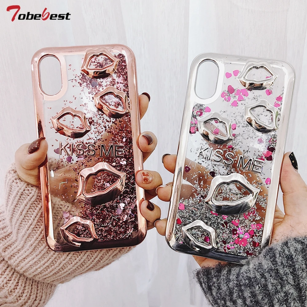 Electroplate lips Dynamic Liquid Quicksand Phone Case For Samsung S10 Plus lite S8 S9 S7 Edge A7 2018 for iPhone XS MAX XR |