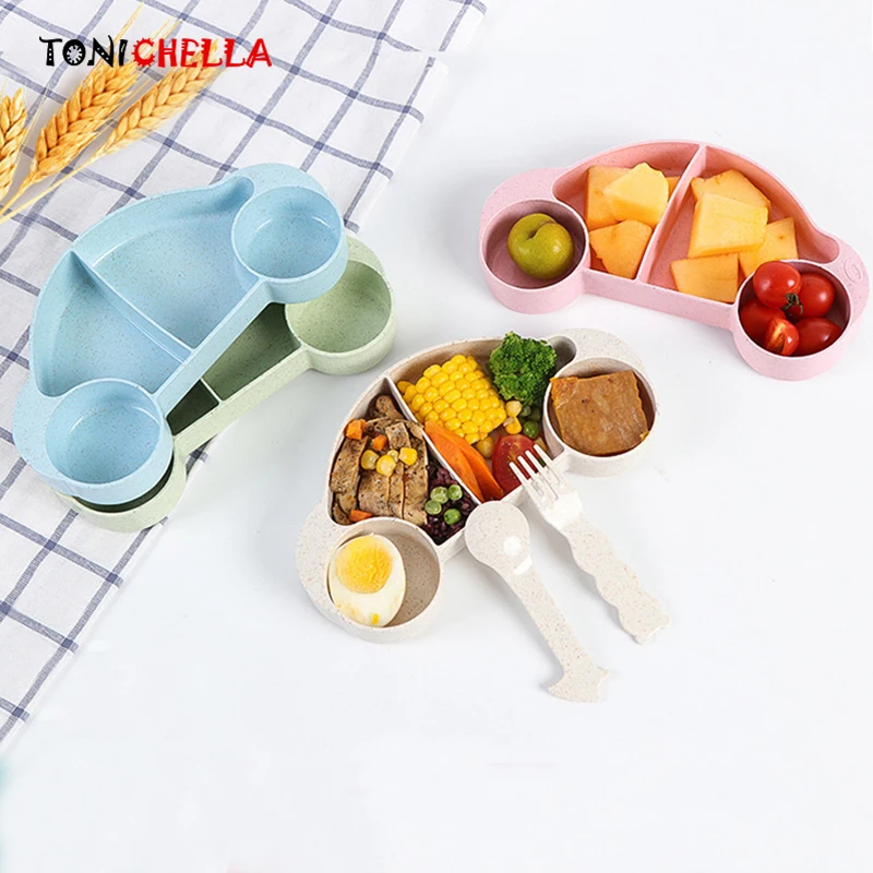 

3Pcs Baby Bowl Dinnerware Car Shape Infant Feeding Dishes Children Tray With Spoon Fork Wheat Straw For Kids Tableware CL5318