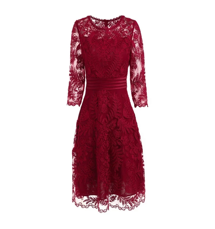 Slim Fit& Flare Dress осенние модные вечерние коктейльные девушку o-образным вырезом восхитительный повторяющийся вышивка Сетчатое платье Vestidos Fiesta - Цвет: wine red