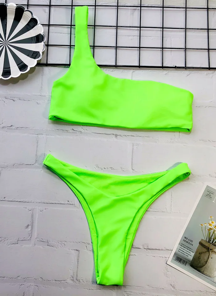 Karlofea Summer One Shoulder Asymmetric Bikini V Shape Thong Swimsuit Women Fashion Neon Green Pink Swimwear Sexy Chic Beachwear