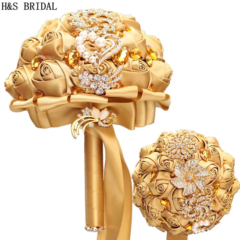 

Gold Wedding Flower Luxury Gold Rhinestone Pearl Bride Bridesmaid Wedding Flower Artificial Rose Holding flowers Hot Sale