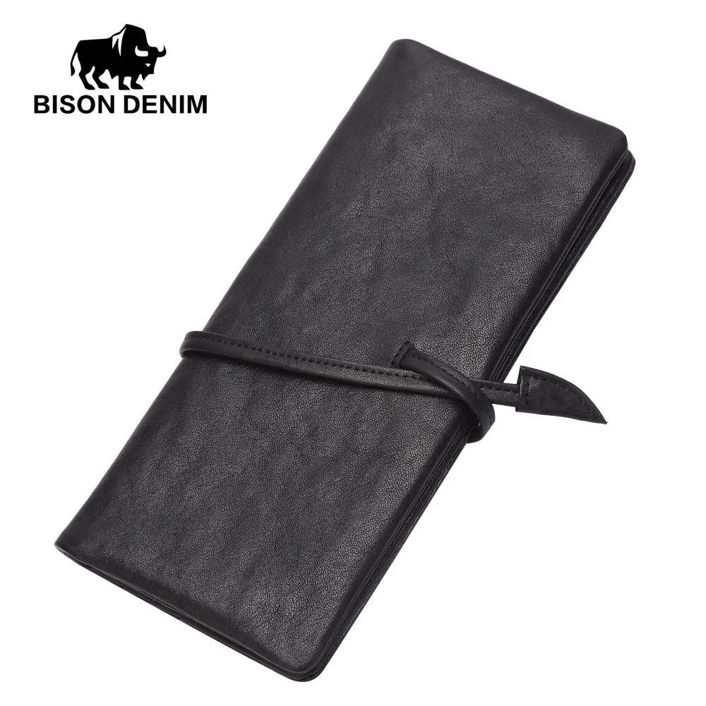 Бренд BISON DENIM мужской кошелек из натуральной кожи с карманом на молнии длинный