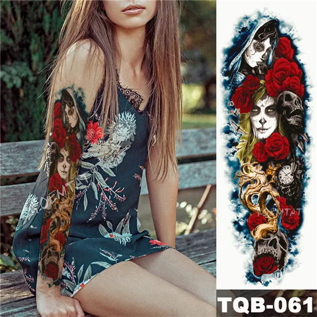 01 Большая рука рукав татуировки Catrina череп Девушка водонепроницаемый временная татуировка наклейка красная роза Лотос полный цветок тату боди-арт женщины - Цвет: 01