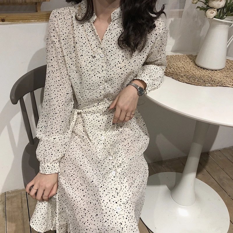 Oxdra стильные длинные рукава свободное с пояском платья весна осень v-образный