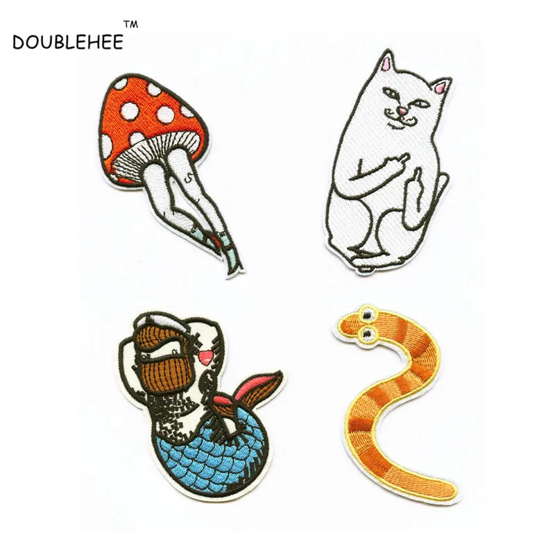 DOUBLEHEE вышитые железные нашивки Вышивка Белый Кот гриб ноги русалки воды Змея