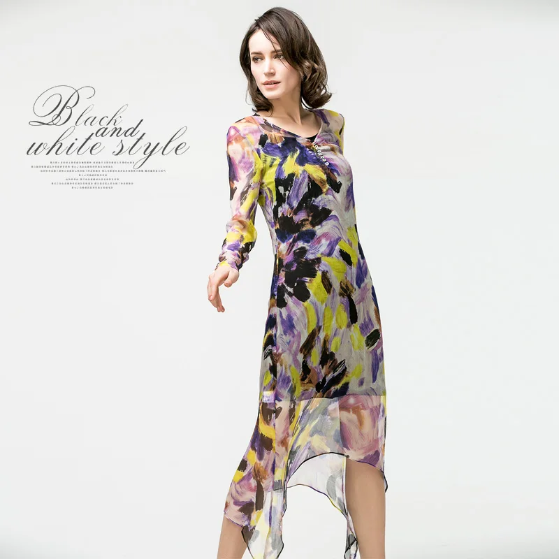 Женское платье из натурального шелка с принтом свободное цельное 2017 тутового