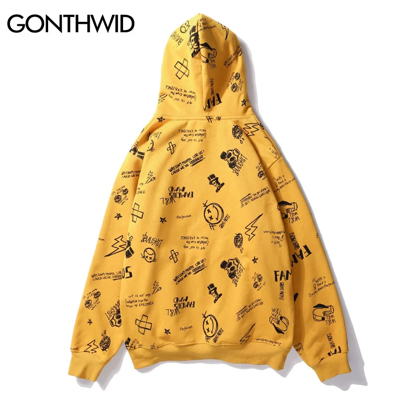 GONTHWID Harajuku Graffiti 2018 Autumn Winter Fleece Hoodies Mens Casual Hooded Sweatshirts Streetwear Male Hip Hop Hoodie Tops | Мужская