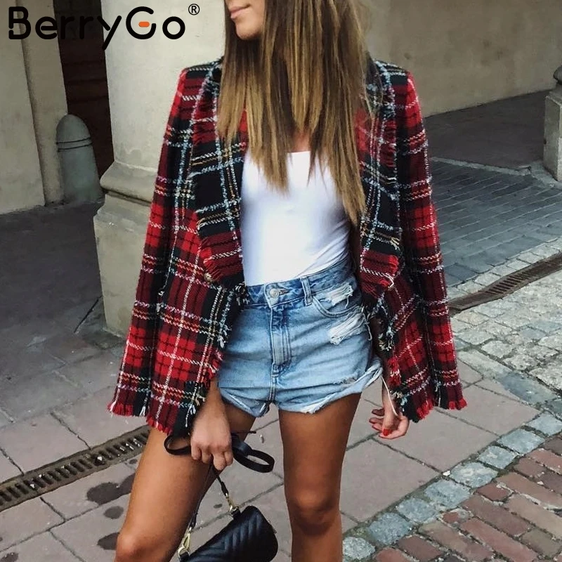 BerryGo твидовый в клетку шерстяной Блейзер Женский отложной воротник с кисточками
