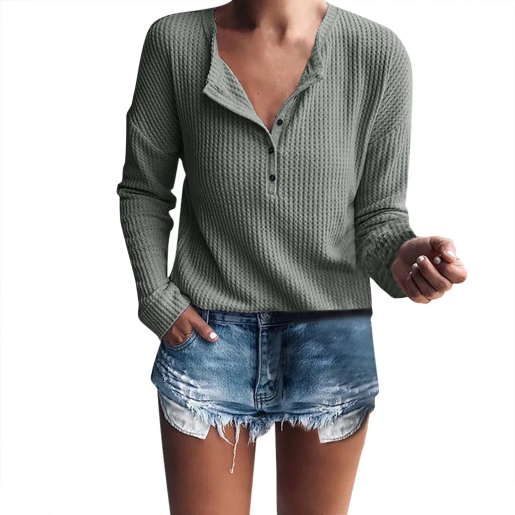 FREE OSTRICH Women's Solid Color Knit Button Long Sleeve T-Shirt V-neck tops Casual Fashion Loose Shirt plus Size | Женская одежда