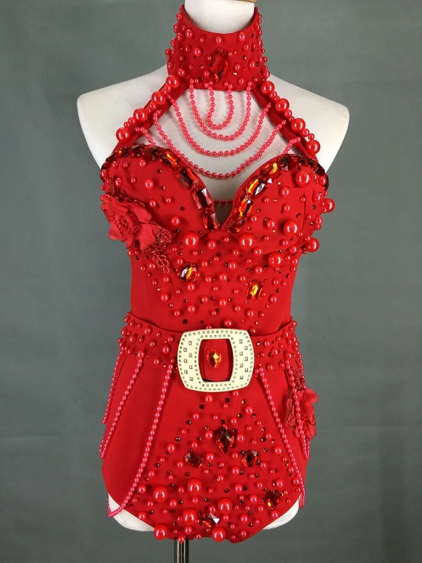 Beading Halter Bodysuit Red White Pearls Crystals Jumpsuit Women Sexy Backless Costume Nightclub Bar DJ Singer Show Stage Outfit