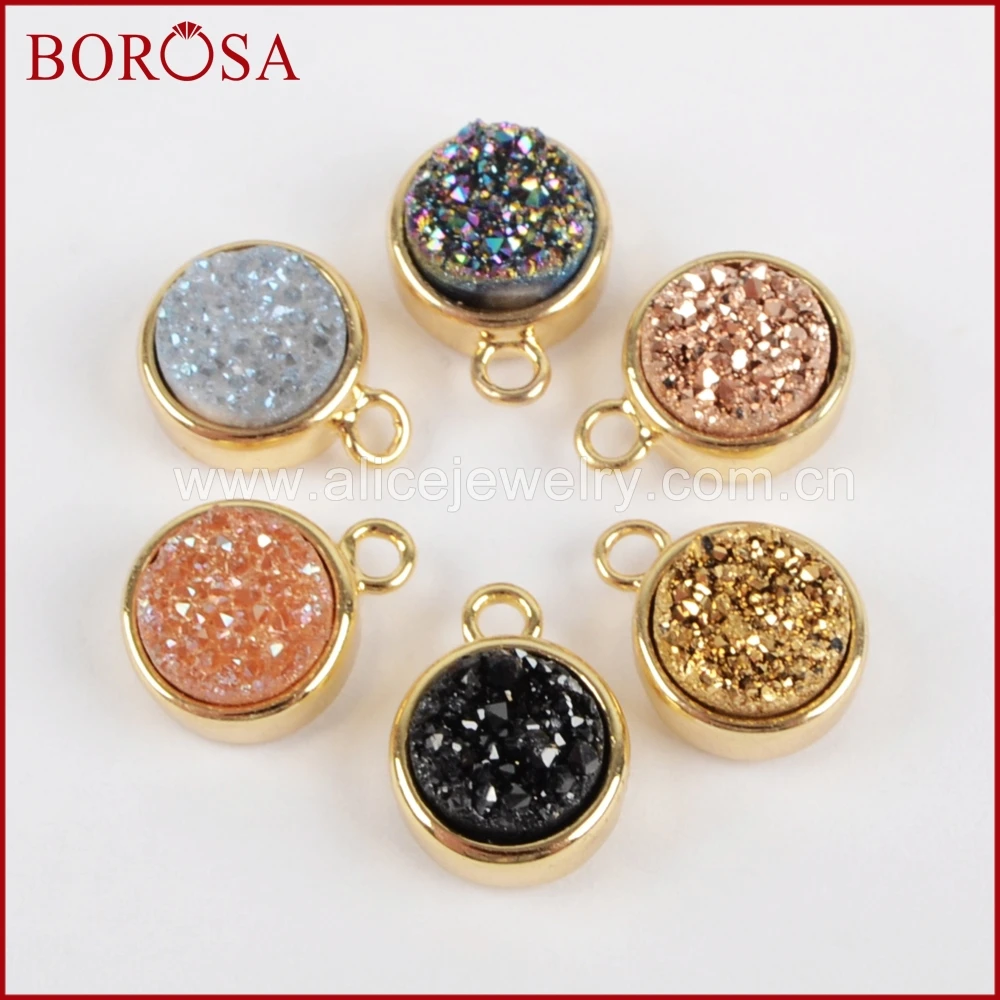 

BOROSA Gold Color Bezel Round Rainbow Drusy Crystal Titanium Druzy Charm Gems Pendant for DIY Earrings Necklace Jewelry ZG0151