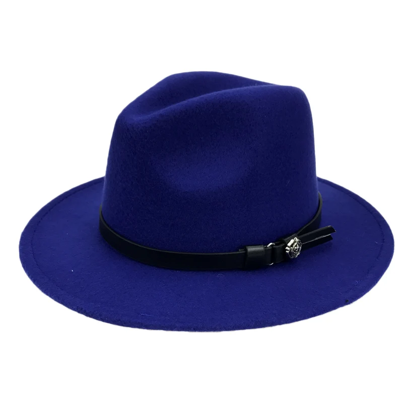 Blue Vintage Fedora Зимние шерстяные Панамы, шляпы для мужчин, одноцветные, с широкими полями, с поясом, войлочные шапки, женские винтажные джазовые шляпы, винтажные шляпы Трилби, церковные YY18007 - Цвет: Blue Vintage Fedora