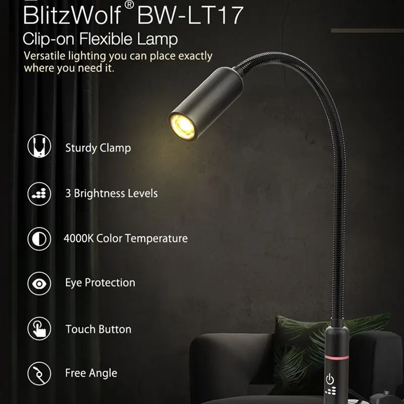 Настольный светильник BlitzWolf, сенсорный, 2,8 Вт, переключатель включения/выключения, Гибкий Настольный светильник, сенсорный датчик, затемненный светильник для чтения, AC100-240V