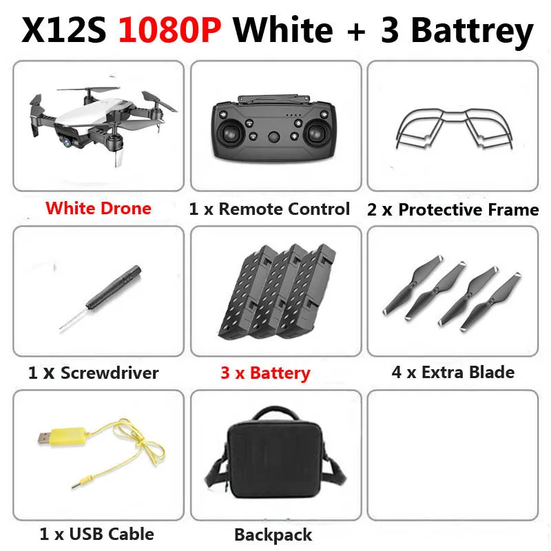 1080P White 3B Bag X12S Wi-Fi FPV мини складной Дрон Двойная камера 1080P 4K оптический поток воздушная видео профессиональный Радиоуправляемый квадрокоптер Вертолет игрушка SG106 - Цвет: 1080P White 3B Bag