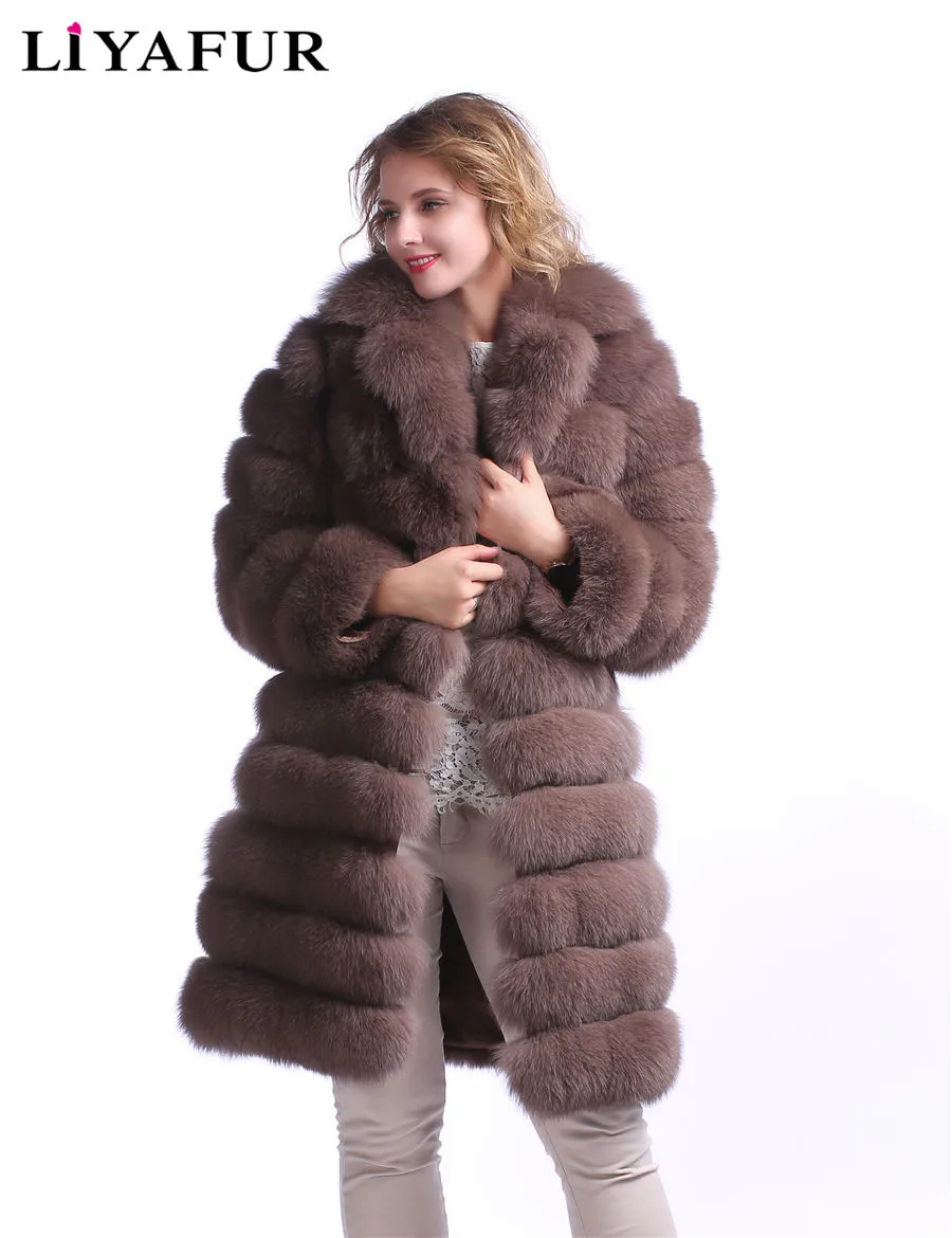 

Liyafur 6 в 1 новый натуральная лиса Мех длинное пальто с воротником для Для женщин 100% натуральный Лисий Мех зимняя теплая верхняя одежда жилет