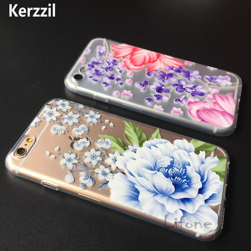 Kerzzil для iPhone 6 7 Plus Clear ТПУ Цветы Телефон чехол 6S задняя крышка красивый пион мягкие