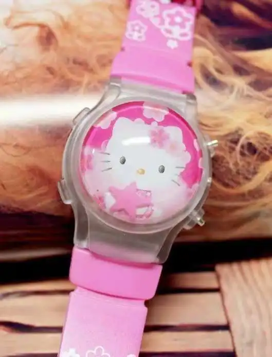 Горячие пирожные KT hello Kitty светящиеся Мультяшные силиконовые светодиодный светильник-вспышка часы для девочек и детей электронные детские часы с откидной крышкой - Цвет: Rose Red