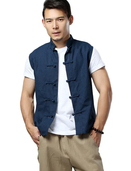 Navy LZJN Men's Summer Waistcoat Chinese Style Vintage Breathable Linen Button Down Kung Fu Shirt Sleeveless Vest Jacket - Color: Navy