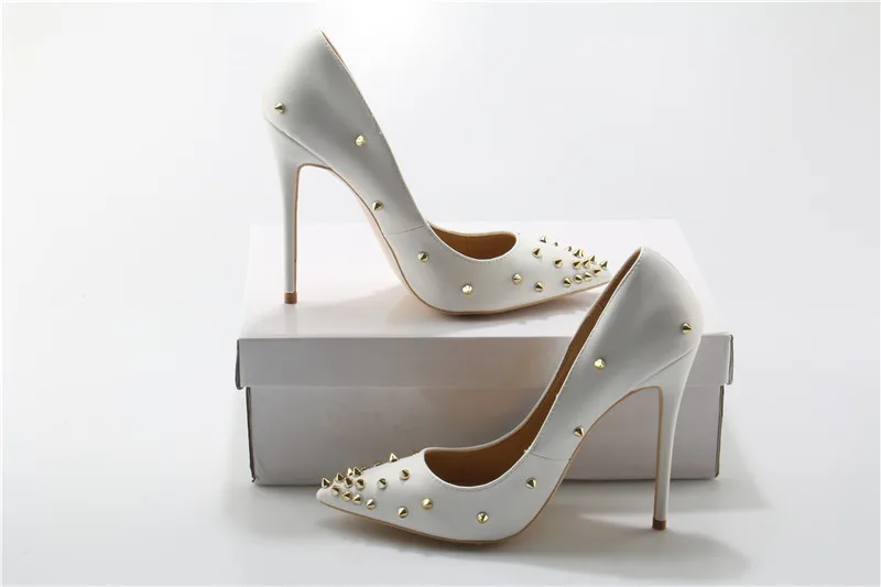 Fashion Elegant Women High Heels Pumps Luxury Gold Rivets Design Pointy White Sandals Sexy Thin Spikes Brand Zapatos Mujer | Обувь