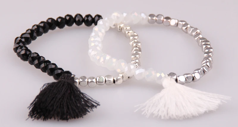 

Free Shipping half square Beads half crystal glass beads bracelet with matching tassel charm metal bracelet