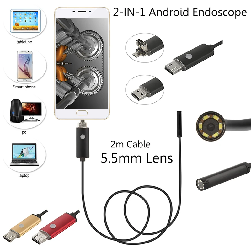 2 м кабель 5 мм 6 светодиодов IP67 водонепроницаемый Usb эндоскоп Android OTG трубка змея см