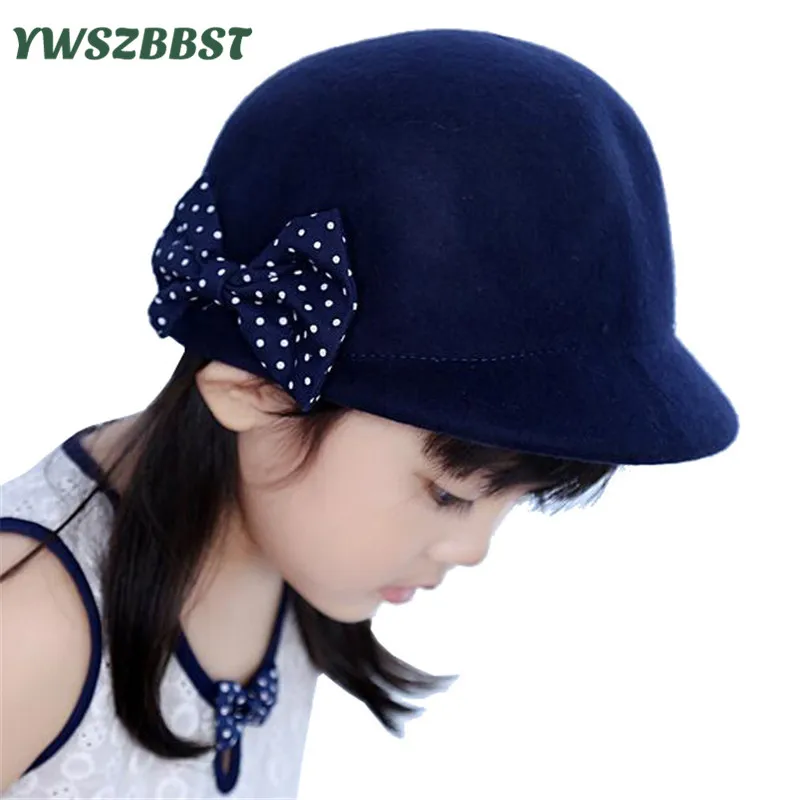 Spring Autumn Baby Girl Hat Fashion Navy Dots Girls Cap with Bowknot Kids Wool Felt Children Knight Beanies | Детская одежда и