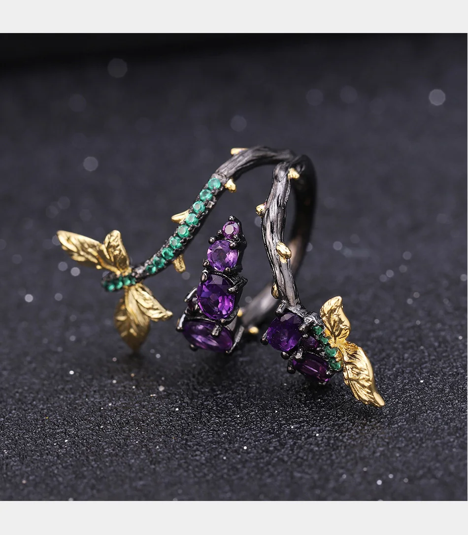 Gem's балетные 925 пробы Серебряная ветка бабочка Романтические кольца 1.46Ct натуральный аметист Оригинальное кольцо для женщин Свадебные ювелирные изделия