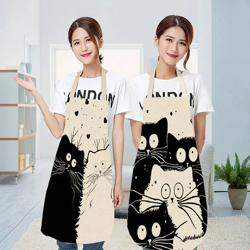 Cute Cartoon Cat Print Kitchen Apron Waterproof Apron Cotton Linen Wasy to Clean Home Tools 12 Styles to Choose From