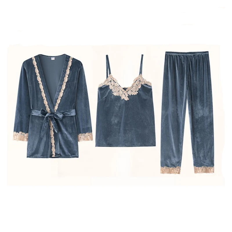 Золотистый бархатный Пижамный костюм из трех предметов женские осенние и зимние