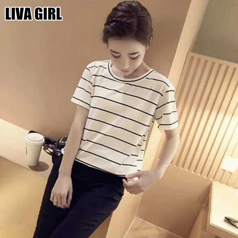 Liva Girl Simple Summer Fashion Women Black White Striped Short Sleeve Loose Tops Female Shirts Clothing Gifts | Женская одежда