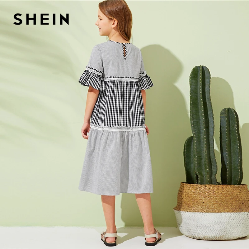 SHEIN Kiddie/Платье-туника в мелкую клетку и полоску для девочек г., Летние Повседневные платья-миди с оборками, рукав-Волан