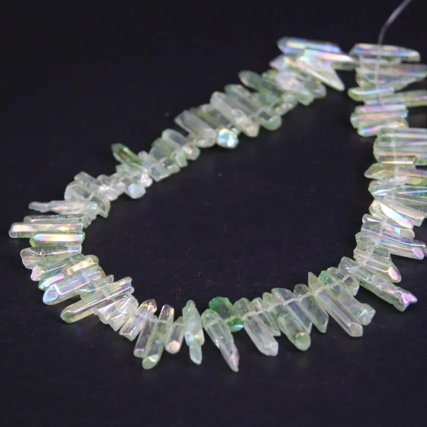 

15.5"strand Polished Green AB Titanium Natural Crystal Quartz Top Drilled Point Beads,Raw Crystal Stick Pendant Jewelry Making