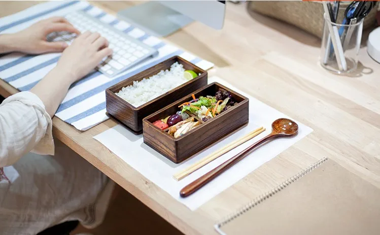 2 Слои прямоугольник древесины японский контейнер для обеда суши Bento Ланчбокс переносной пищевой контейнер для хранения фруктов набор столовой посуды, столовых приборов