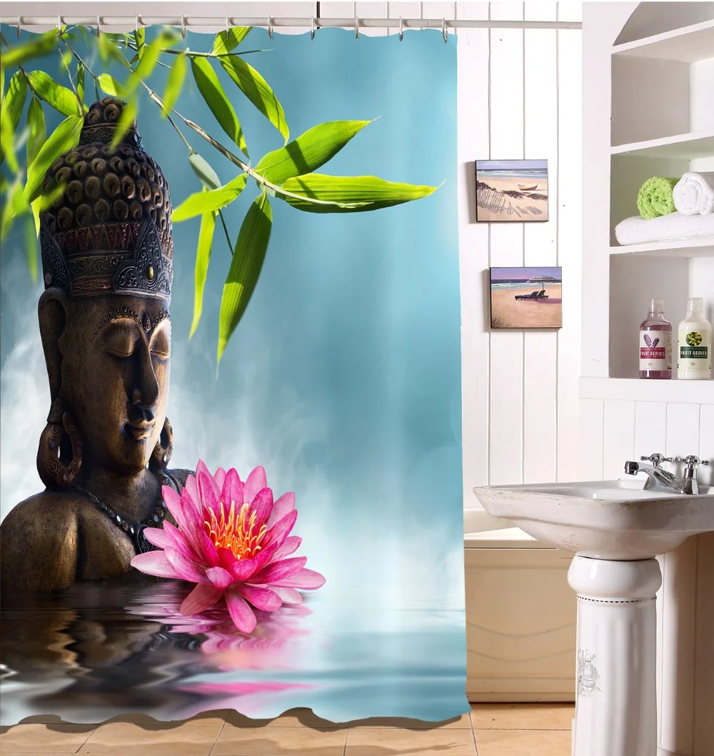 

Shower Curtain Buddha & Lotus Reflection Design Bathroom Waterproof Mildewproof Polyester Fabric 72 Inch +12 Hooks Bath Screens