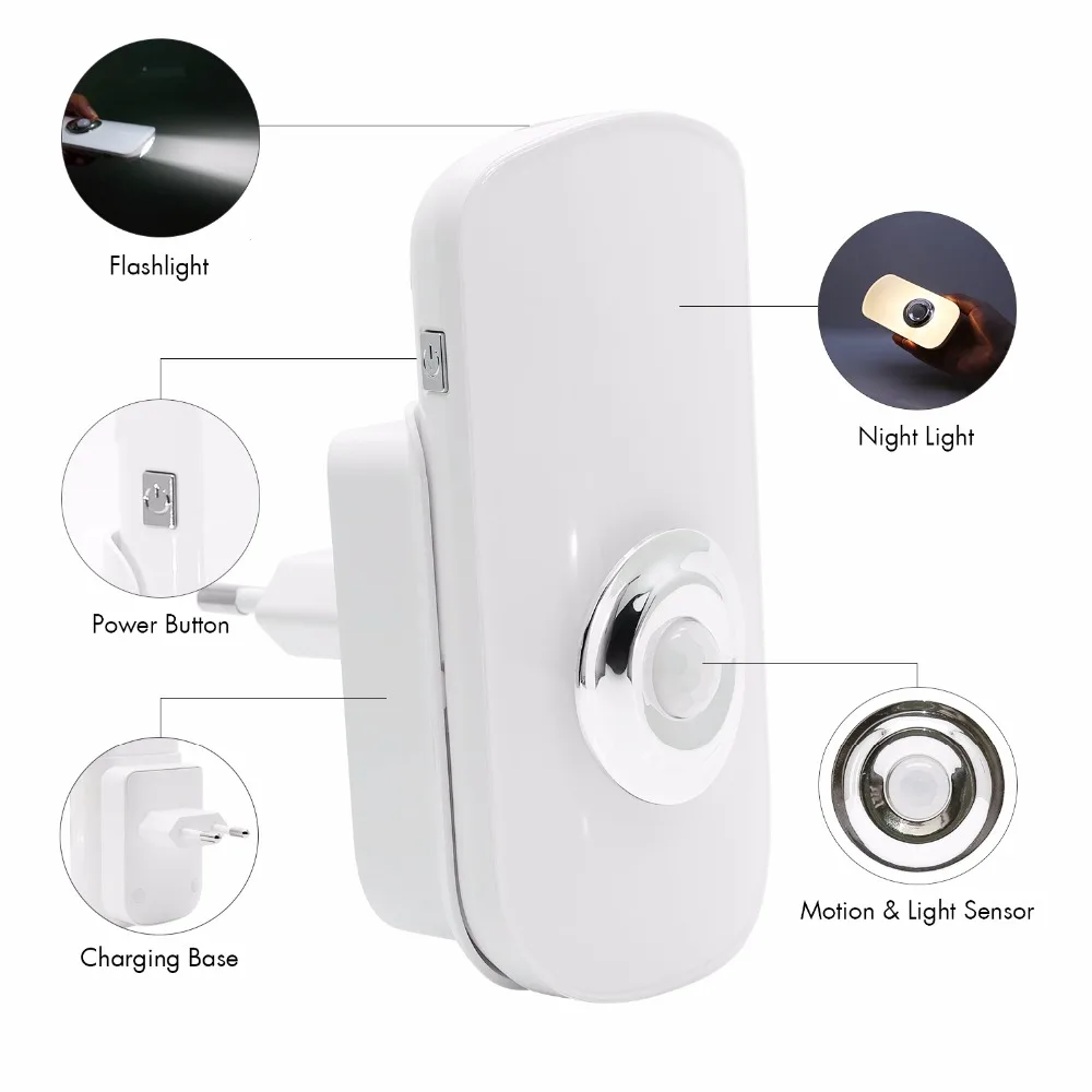 Фото Sensk 3 в 1 EU US вилка Портативный Smart LED Сенсор Ночной светильник с датчиком движения Sensk 3 в 1 EU US вилка Портативный Smart LED Сенсор Ночной светильник с датчиком движения