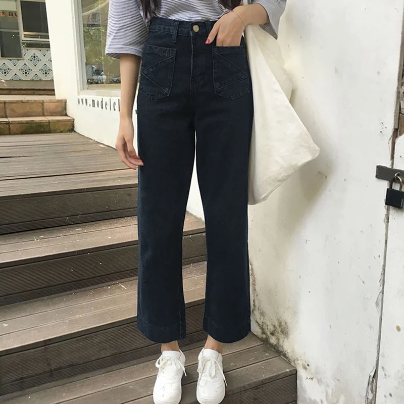 

Basic Jeans Woman Vintage Mom Fit With High Waist Jeans Femme For Women Washed Blue Denim Straight Jeans Classic Female Pants