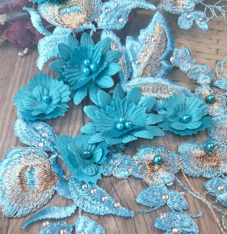 1 Piece 30*34cm Large Beautiful Flower Sky Blue 3D Bead Peal Neckline Lace Applique Patch Trim For Garment Decoration | Дом и сад