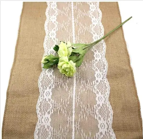 

10 pieces,30x275cm Vintage Burlap Lace Hessian Table Runner Natural Jute Country Party Wedding adornment decoration