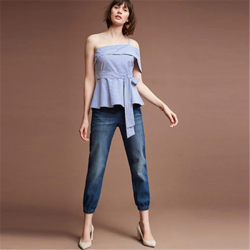 Слово воротник ремни синий и белый в полоску Блузы с открытыми плечами Леди Топ